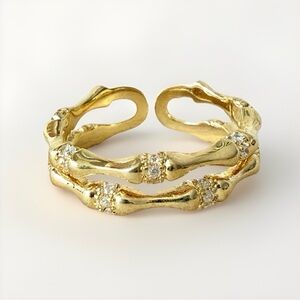 14K Gold Plated CZ Bamboo Style Double Band Ring | Adjustable Open Ring